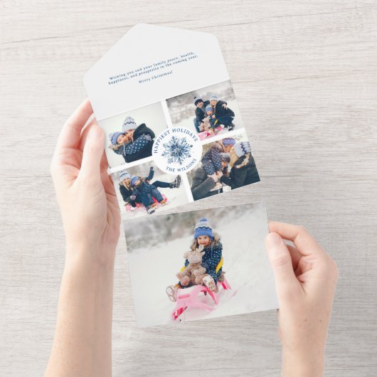 Waterverf Crystal Blue Snowflake Multiphoto All In One Uitnodiging (Afscheurbaar)