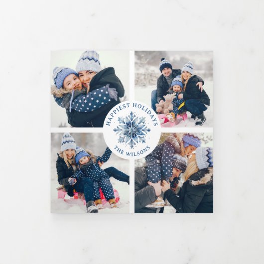 Waterverf Crystal Blue Snowflake Multiphoto Drieluik Wenskaart (Cover)