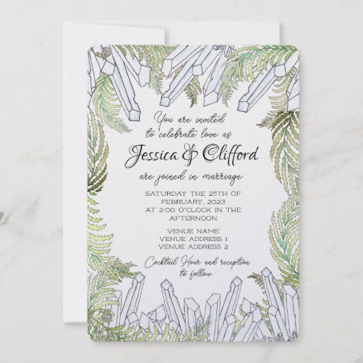 Waterverf Crystal en Fern Wedding-uitnodiging Kaart (Voorkant)