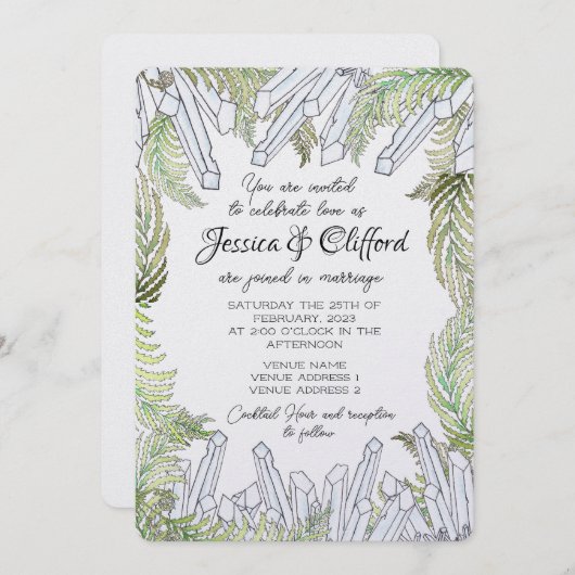 Waterverf Crystal en Fern Wedding-uitnodiging Kaart (Voorkant / Achterkant)
