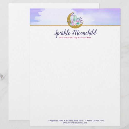 Waterverf Crystals & Gold Crescent Moon Boutique Briefhoofd (Voorkant / Achterkant)