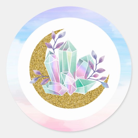 Waterverf Crystals & Gold Crescent Moon Boutique Ronde Sticker (Voorkant)