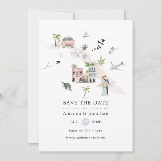 Waterverf Cuba Destination Wedding Save The Date (Voorkant)