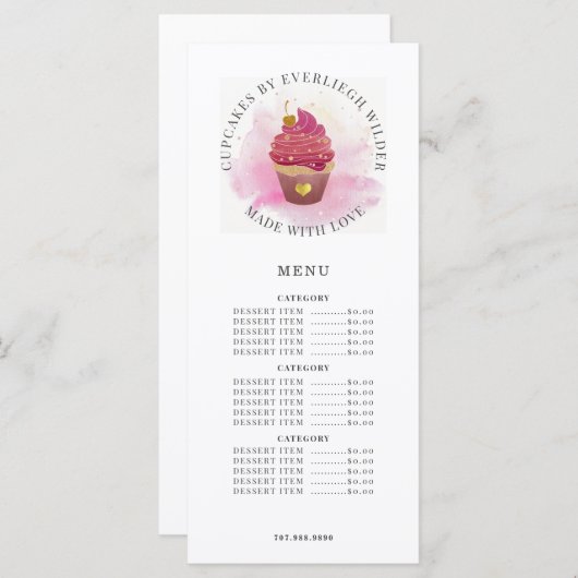 Waterverf Cupcake Bakery Pastry Chef Menu (Voorkant / Achterkant)