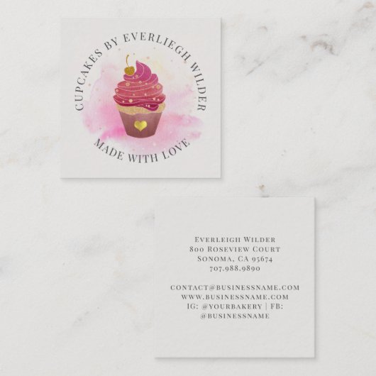 Waterverf Cupcake Bakery Pastry Chef Vierkante Visitekaartje (Voorkant / Achterkant)