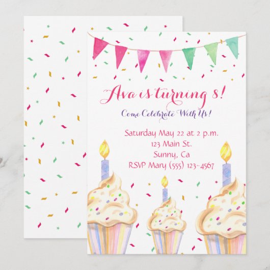 Waterverf Cupcake Birthday Uitnodiging (Voorkant / Achterkant)