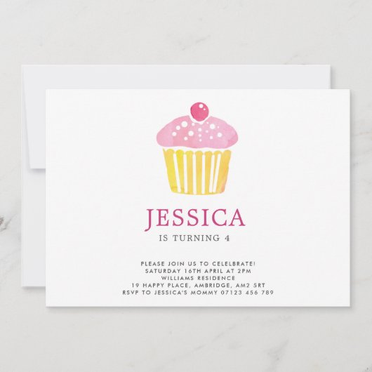 Waterverf Cupcake Birthday Uitnodiging (Voorkant)