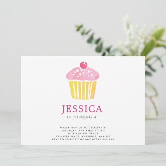 Waterverf Cupcake Birthday Uitnodiging (Staand voorkant)