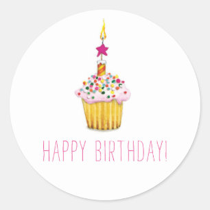 Waterverf Cupcake Happy Birthday Ronde Sticker