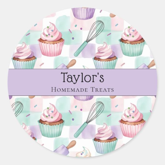 Waterverf Cupcake Lavendel Teal Cupcake Topper Ronde Sticker (Voorkant)
