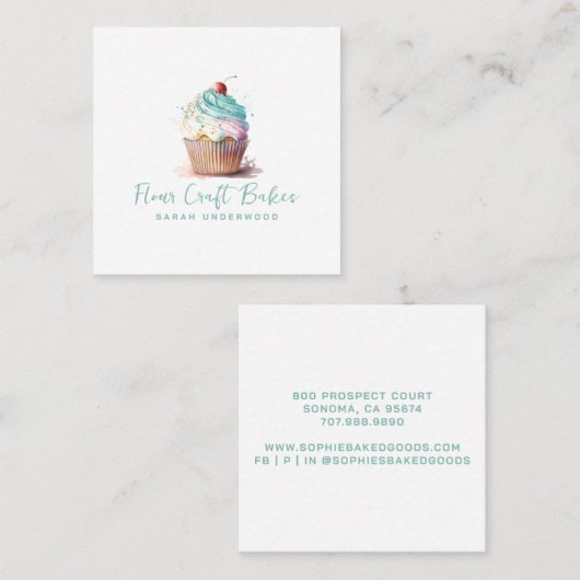 Waterverf Cupcake Logo Baker Bakery Pastry Chef Vierkante Visitekaartje (Voorkant / Achterkant)