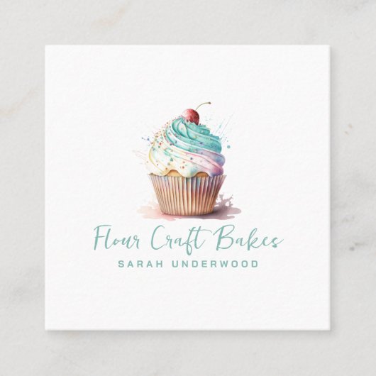 Waterverf Cupcake Logo Baker Bakery Pastry Chef Vierkante Visitekaartje (Voorkant)