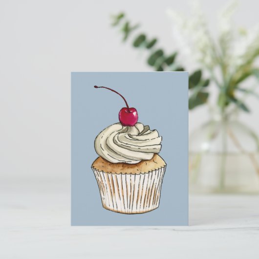 Waterverf Cupcake met gehakte room en Cherry Briefkaart (Staand voorkant)