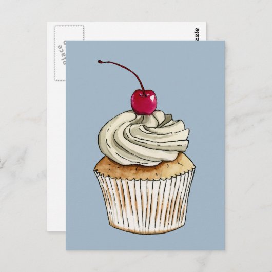 Waterverf Cupcake met gehakte room en Cherry Briefkaart (Voorkant / Achterkant)