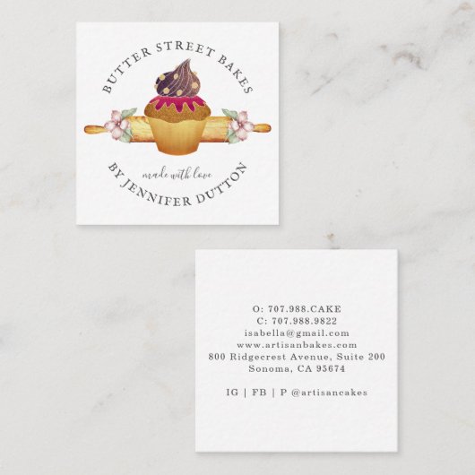 Waterverf Cupcake Rolling Pin Baker Pastry Chef Vierkante Visitekaartje (Voorkant / Achterkant)