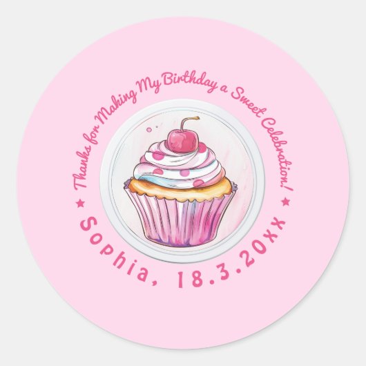 Waterverf Cupcake Sweet Birthday Dank u Ronde Sticker (Voorkant)