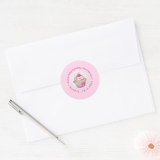 Waterverf Cupcake Sweet Birthday Dank u Ronde Sticker (Envelop)
