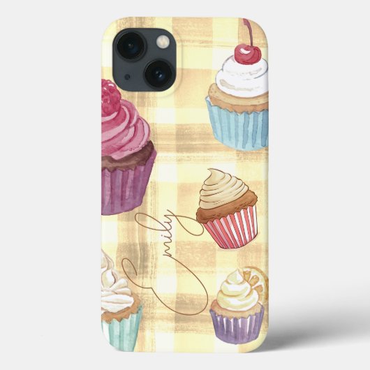 Waterverf Cupcake Yellow Plaid Monogram Baker's Case-Mate iPhone Case (Achterkant)