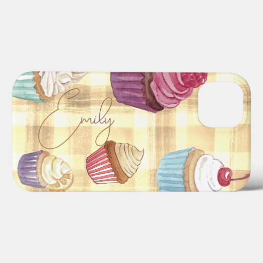 Waterverf Cupcake Yellow Plaid Monogram Baker's Case-Mate iPhone Case (Achterkant (horizontaal))