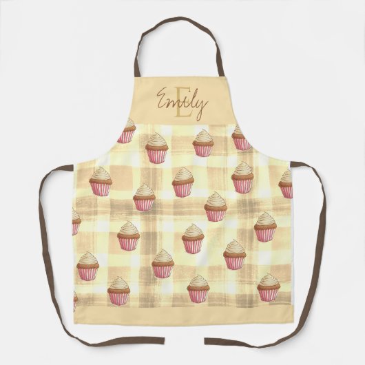 Waterverf Cupcake Yellow Plaid Monogram Baker's Schort (Voorkant)