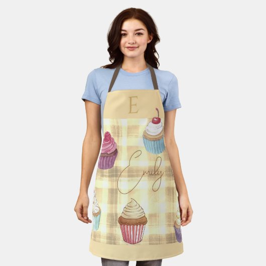 Waterverf Cupcake Yellow Plaid Monogram Baker's Schort (Gedragen)