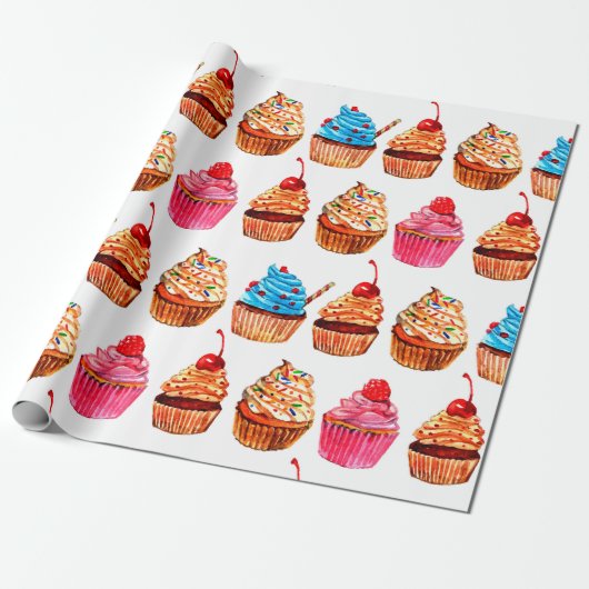 Waterverf Cupcakes Cadeaupapier (Uitgerold)