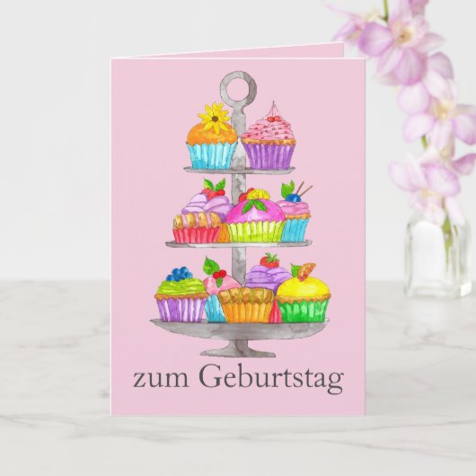 Waterverf cupcakes German Birthday Kaart (Orchidee)