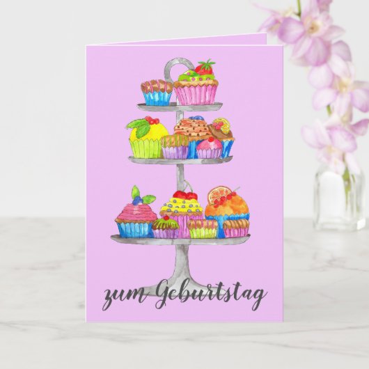 Waterverf cupcakes German Birthday Kaart (Orchidee)