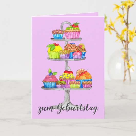 Waterverf cupcakes German Birthday Kaart (Gele Bloem)
