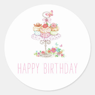 Waterverf Cupcakes Happy Birthday Ronde Sticker