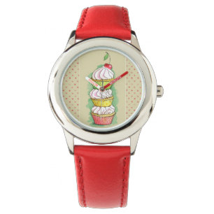 Waterverf cupcakes. Keukenillustratie. Horloge