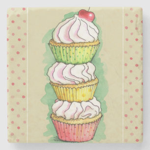Waterverf cupcakes. Keukenillustratie. Stenen Onderzetter