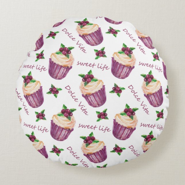 Waterverf cupcakes rond kussen (Voorkant)
