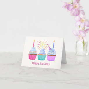Waterverf cupcakes verjaardagstaart kaart