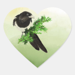 Waterverf curieuze Magpie Garden Bird Wilde Art Hart Sticker