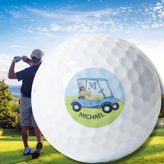 Waterverf Custom Blauwe Winkelwagen Monogram Naam Golfballen