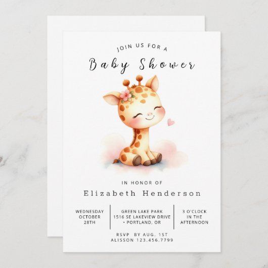 Waterverf Custom Giraffe Baby shower Kaart (Voorkant / Achterkant)