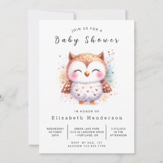 Waterverf Custom Owl Baby shower Kaart (Voorkant)