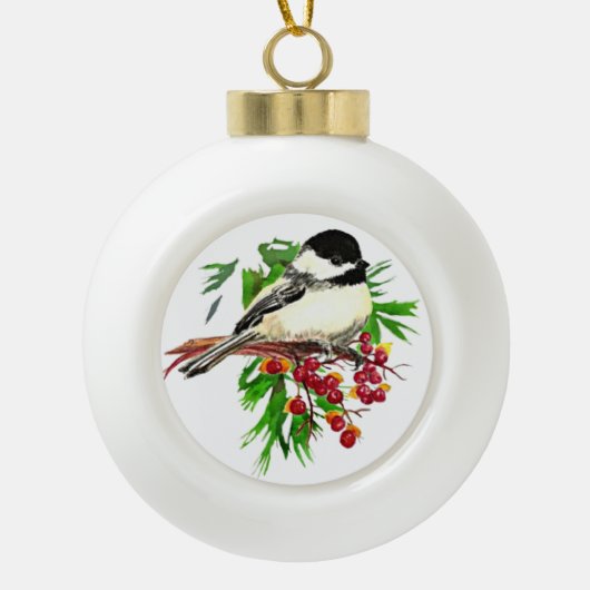 Waterverf Cute Chickadee Bird Custom Dated natuur Keramische Bal Ornament (Voorkant)
