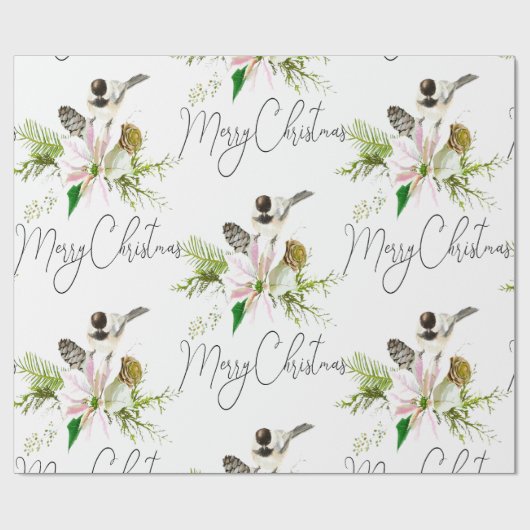 Waterverf Cute Chickadee Bird Pointsettia Flower Cadeaupapier (Vlak)