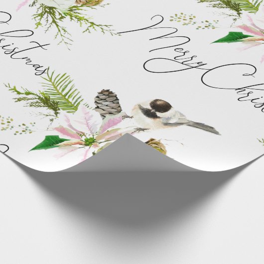 Waterverf Cute Chickadee Bird Pointsettia Flower Cadeaupapier (Hoek)