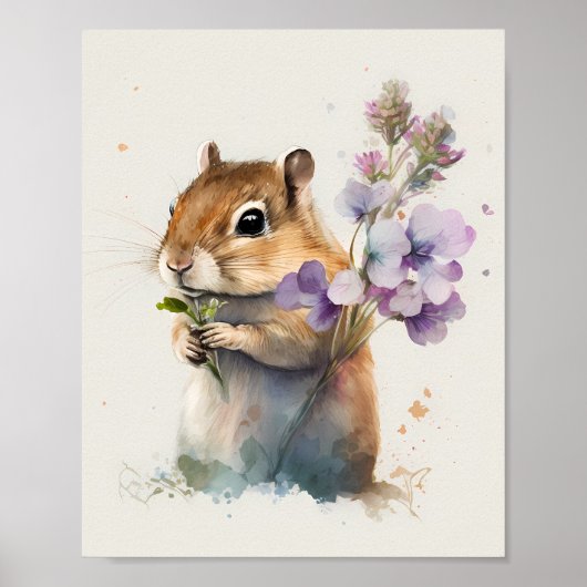 Waterverf Cute Chipmunk met bloemen Poster (Voorkant)