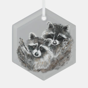 Waterverf Cute Cuddling Raccoon Friends of Family Glas Ornament