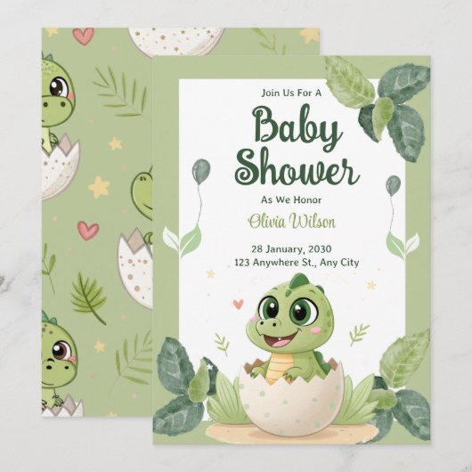 Waterverf Cute Dinosaur Greenery Boy Baby shower Kaart (Voorkant / Achterkant)