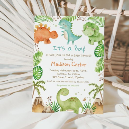 Waterverf Cute Dinosaur Greenery Boy Baby shower Kaart