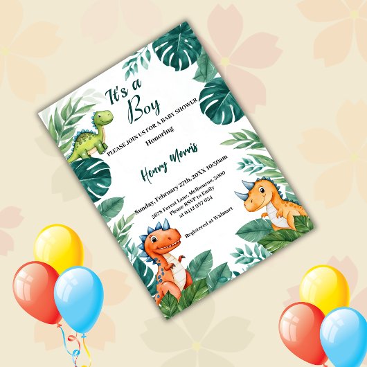 Waterverf Cute Dinosaur Greenery Boy Baby shower Kaart