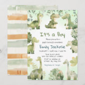 Waterverf Cute Dinosaur Greenery Boy Baby shower Kaart (Voorkant / Achterkant)