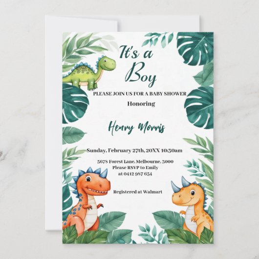 Waterverf Cute Dinosaur Greenery Boy Baby shower Kaart (Voorkant)