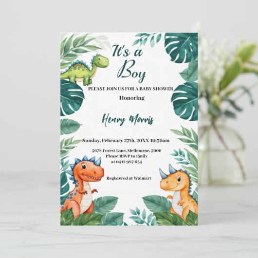 Waterverf Cute Dinosaur Greenery Boy Baby shower Kaart (Staand voorkant)