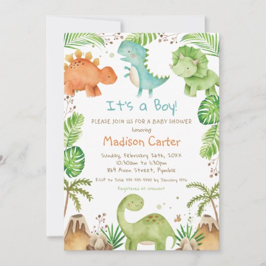 Waterverf Cute Dinosaur Greenery Boy Baby shower Kaart (Voorkant)
